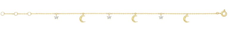 9CT YEL GOLD CZ STAR AND MOON CHAIN BRACELET