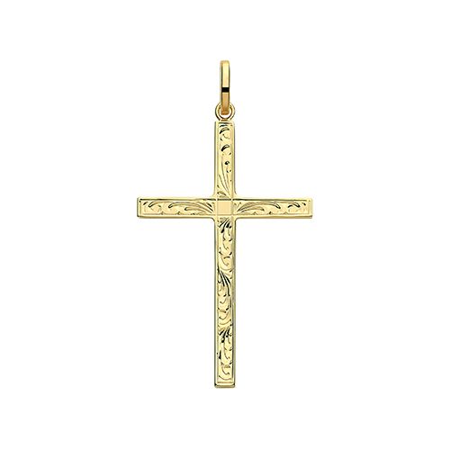 9CT YEL GOLD SEMI SOLID CROSS H ENGRAVED