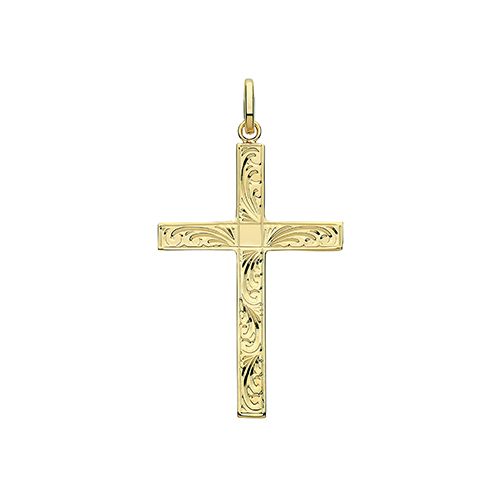 9CT YEL GOLD SEMI SOLID CROSS H ENGRAVED