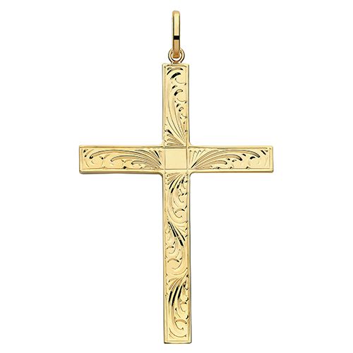 9CT YEL GOLD SEMI SOLID CROSS H ENGRAVED
