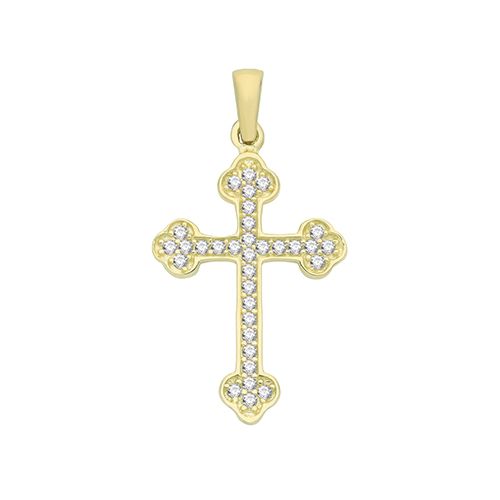 9CT YEL GOLD CZ BUDDED CROSS PENDANT