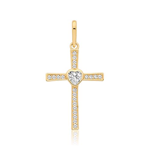 9CT YEL GOLD CZ HEART CROSS PENDANT