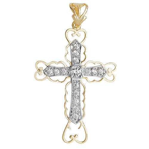9CT YEL GOLD MEDIUM CUT OUT CZ CROSS PENDANT
