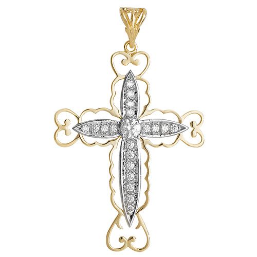 9CT YEL GOLD LARGE CUT OUT CZ CROSS PENDANT