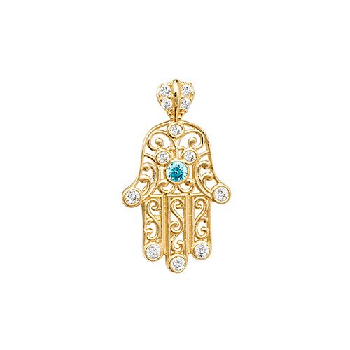 9CT YEL GOLD HAMSA BLUE CZ PENDANT