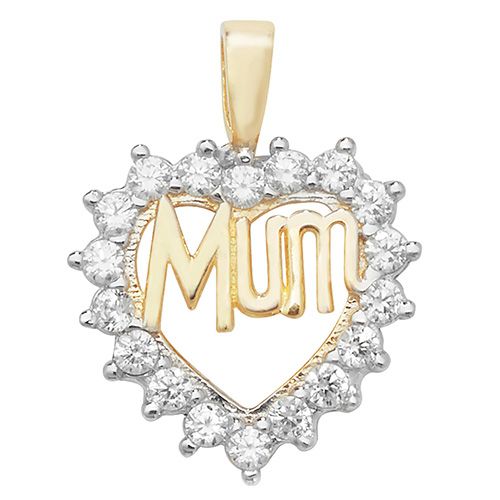 9CT YEL GOLD HEART MUM CZ PENDANT