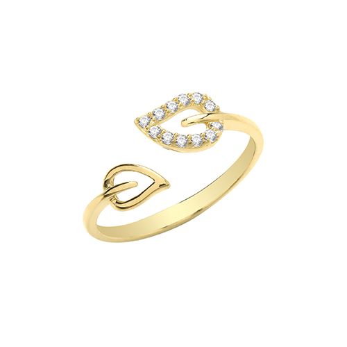 9CT YEL GOLD CZ DOUBLE LEAF OPEN RING