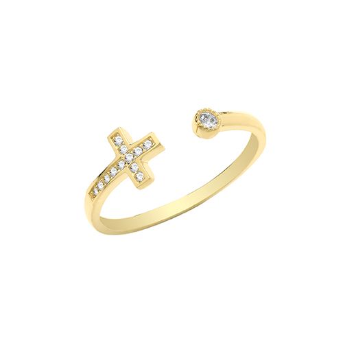 9CT YEL GOLD CZ CROSS OPEN RING