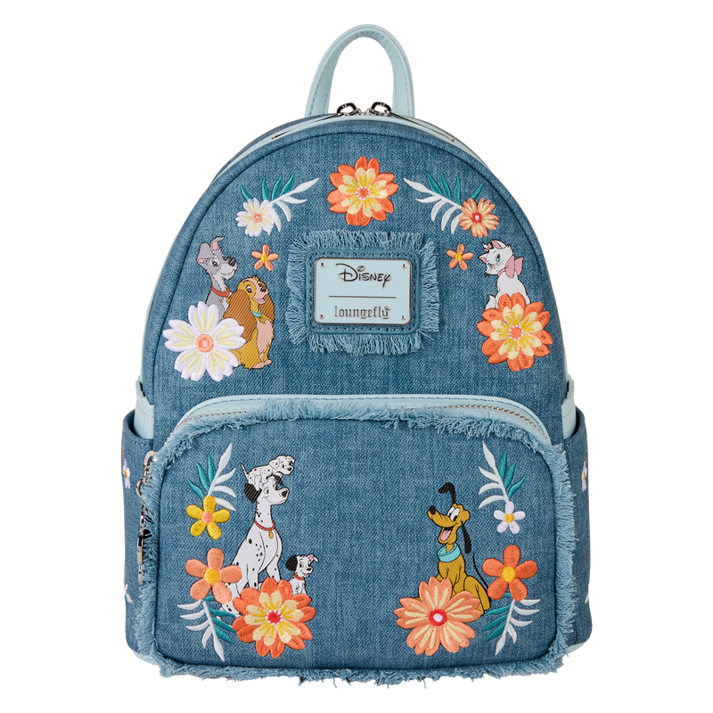Disney Dogs & Cats Floral Faux Denim Fringe Mini Backpack