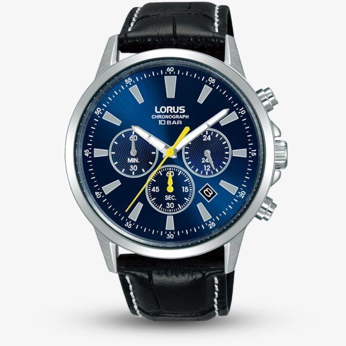 Lorus Men’s Blue Dial Leather Strap Chronograph – Yellow Accents