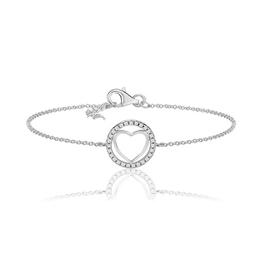 SILVER PLAIN HEART WITHIN RND HALO CZ BRACELET RHODIUM PLATED
