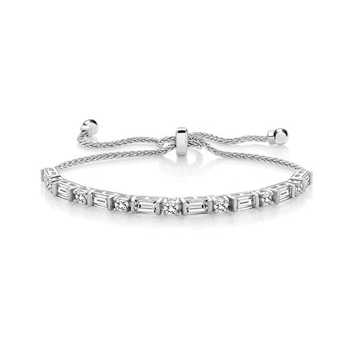 SILVER 3 MM RND & 6x3 BGT CLAW SET PULL CZ BRACELET TRIPLE PLATED