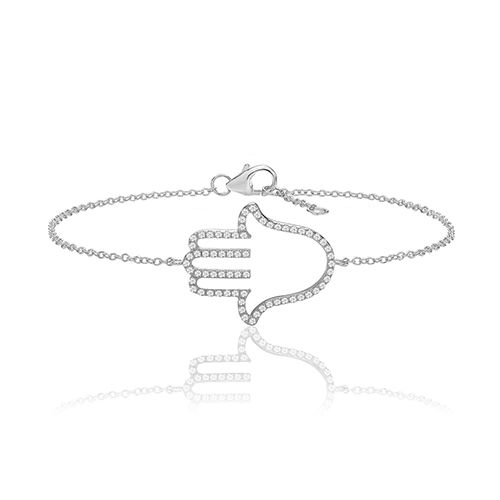 SILVER LRG FINE OPEN HAMSA CZ BRACELET RHODIUM PLATED