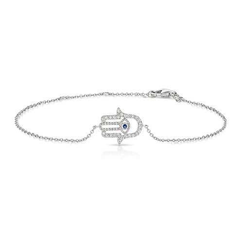 SILVER HAMSA&EVIL EYE BLUE&WHITE CZ BRACELET RHODIUM PLATED
