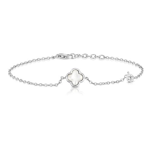 SILVER MOTHER OF PEARL CLOVER SHAPE&ROUND CZ BRACELET RHODIUM PLATED
