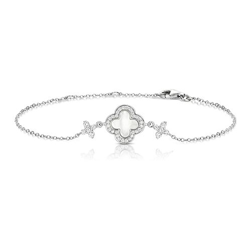 SILVER MOTHER OF PEARL&CZ CLOVER SHAPE BRACELET RHODIUM PLATED