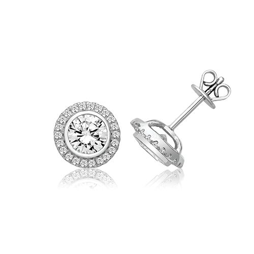 SILVER BEZEL SET HALO STYLE ROUND CZ STUDS RHODIUM PLATED