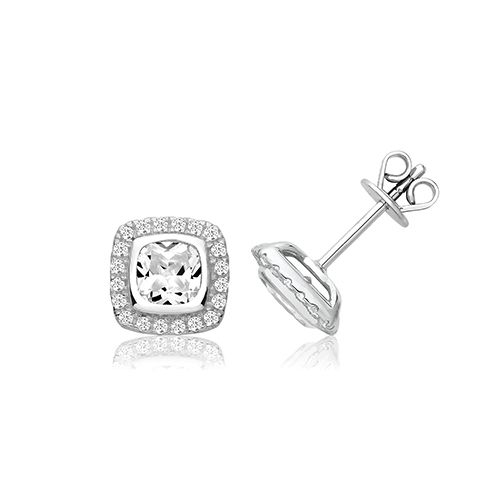 SILVER BEZEL SET HALO STYLE CUSHION CZ STUDS RHODIUM PLATED