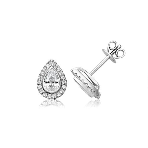 SILVER BEZEL SET HALO STYLE PEAR SHAPE CZ STUDS RHODIUM PLATED