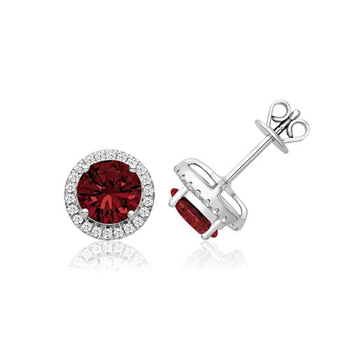SILVER CLAW SET HALO STYLE ROUND RED STUDS RHODIUM PLATED