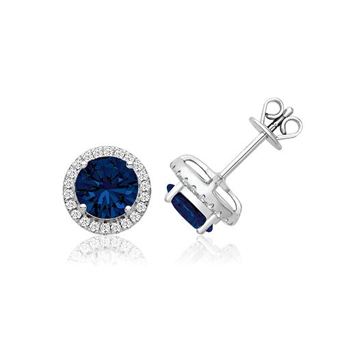 SILVER CLAW SET HALO STYLE ROUND BLUE STUDS RHODIUM PLATED