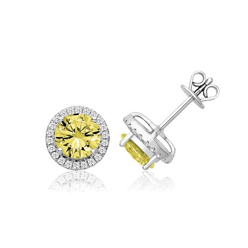 SILVER CLAW SET HALO STYLE ROUND YELLOW CZ STUDS RHODIUM PLATED