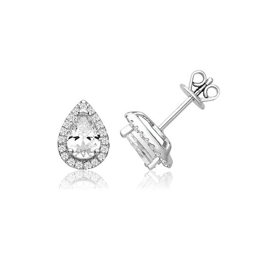 SILVER CLAW SET HALO STYLE PEAR SHAPE CZ STUDS RHODIUM PLATED