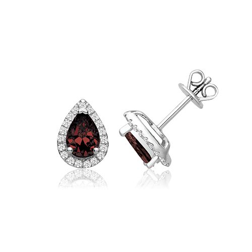 SILVER CLAW SET HALO STYLE PEAR SHAPE RED CZ STUDS RHODIUM PLATED