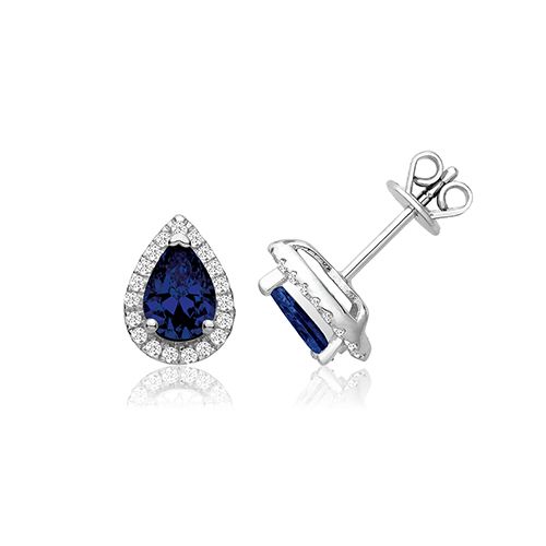 SILVER CLAW SET HALO STYLE PEAR SHAPE BLUE CZ STUDS RHODIUM PLATED