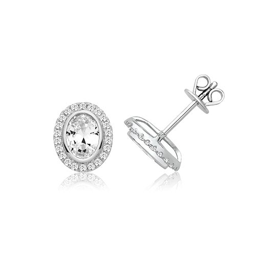 SILVER BEZEL SET HALO STYLE OVAL CZ STUDS RHODIUM PLATED