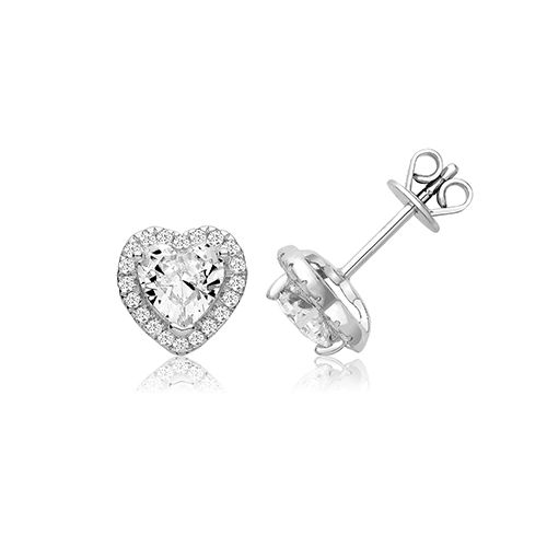 SILVER CLAW SET HALO STYLE HEART SHAPE CZ STUDS RHODIUM PLATED