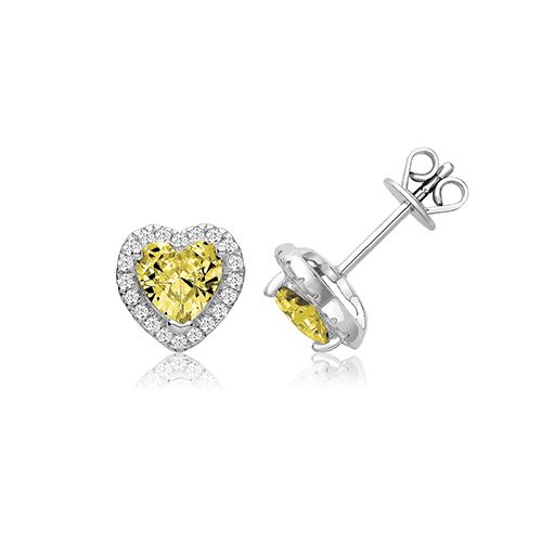 SILVER CLAW SET HALO STYLE HEART SHAPE YELLOW CZ STUDS RHODIUM PLATED