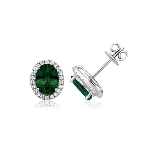 SILVER CLAW SET HALO STYLE OVAL GREEN CZ STUDS RHODIUM PLATED
