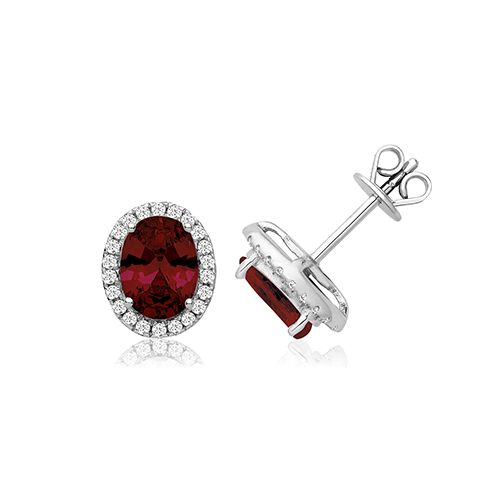 SILVER CLAW SET HALO STYLE OVAL RED CZ STUDS RHODIUM PLATED