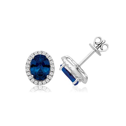 SILVER CLAW SET HALO STYLE OVAL BLUE CZ STUDS RHODIUM PLATED