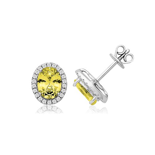 SILVER CLAW SET HALO STYLE OVAL YELLOW CZ STUDS RHODIUM PLATED