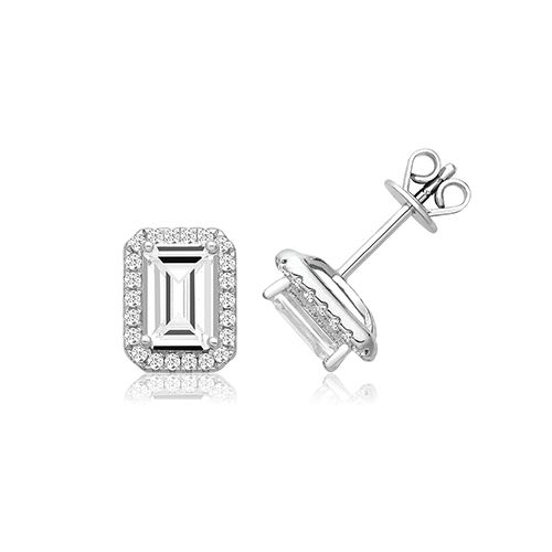 SILVER CLAW SET HALO STYLE EMERALD CUT CZ STUDS RHODIUM PLATED