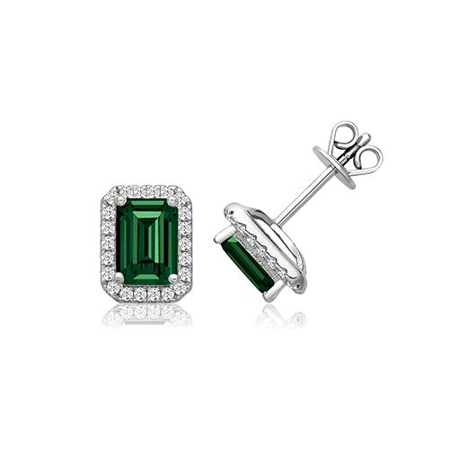 SILVER CLAW SET HALO STYLE EMERALD CUT GREEN CZ STUDS RHODIUM PLATED