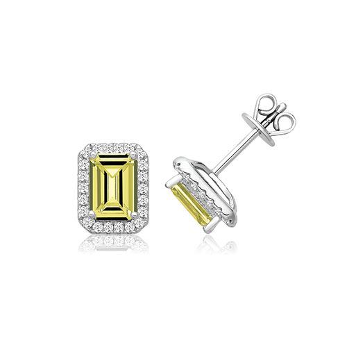 SILVER CLAW SET HALO STYLE EMERALD CUT YELLOW CZ STUDS RHODIUM PLATED