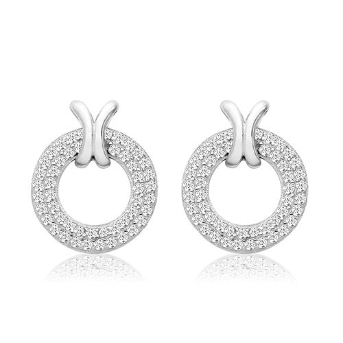 SILVER PAVE STYLE CIRCLE WITH CROSS LOOP CZ STUDS RHODIUM PLATED