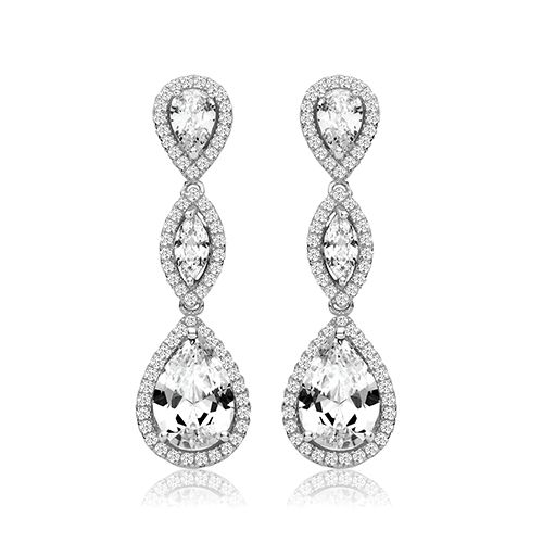 SILVER PEAR & MARQUISE SHAPE HALO CZ DROPS RHODIUM PLATED