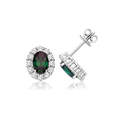 SILVER GREEN & WHITE OVAL CLUSTER CZ STUDS RHODIUM PLATED