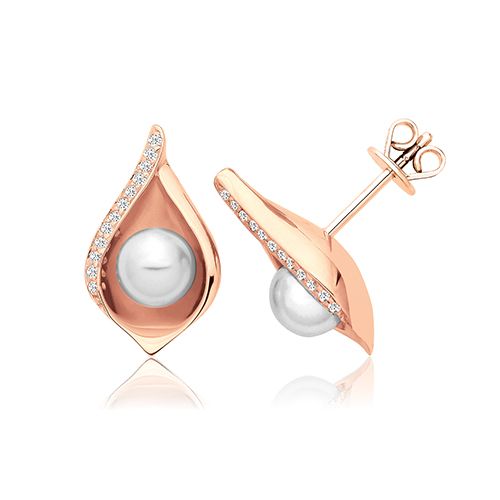 SILVER SHELL DESIGN PEARL & CZ STUDS ROSE GOLG PLATED