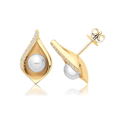 SILVER SHELL DESIGN PEARL & CZ STUDS YELLOW GOLD PLATED