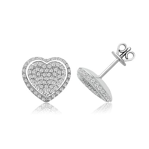 SILVER HEART PAVE SET CZ STUDS RHODIUM PLATED