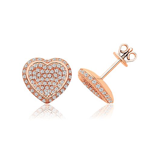 SILVER HEART PAVE SET CZ STUDS ROSE GOLD PLATED
