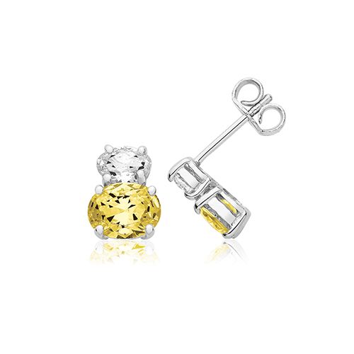 SILVER DOUBLE OVAL SHAPE YELLOW&WHITE CZ STUDS RHODIUM PLATED