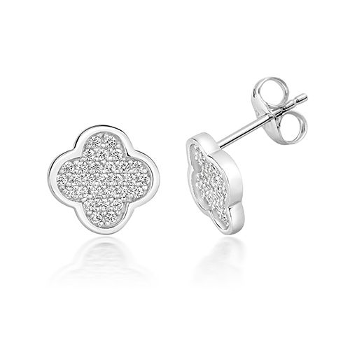 SILVER PAVE SET CLOVER SHAPE CZ STUDS RHODIUM PLATED