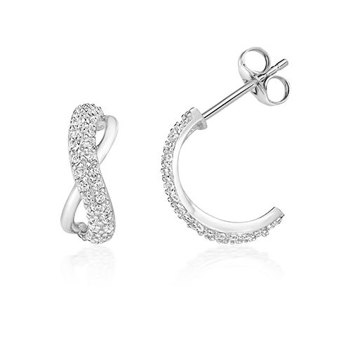 SILVER INFINITY HALF LOOP CZ EARRINGS RHODIUM PLATED