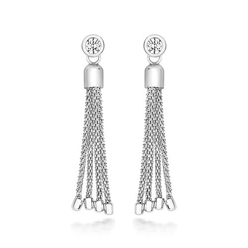 SILVER RUB OVER SET CZ & CHAIN TASSEL EARRINGS RHODIUM PLATED